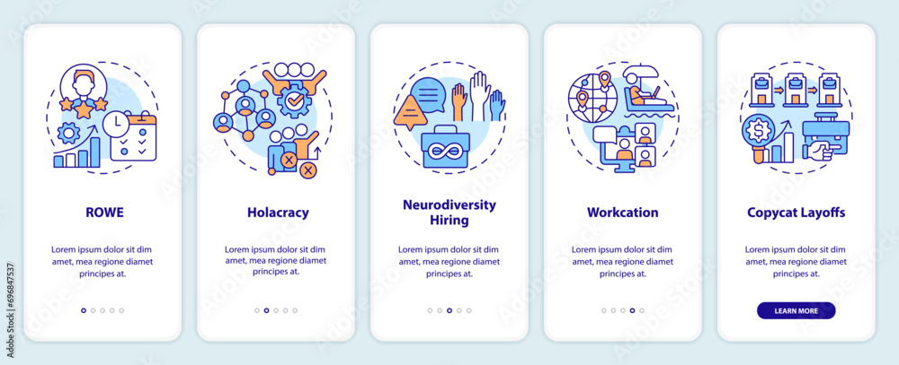 2D icons representing innovative approaches and management strategies mobile app screen set. Walkthrough 5 steps multicolor graphic instructions with linear icons concept, UI, UX, GUI template.