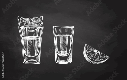 Hand-drawn shot glasses with tequila with a slices of lime. Design element set for menu of bars and restaurants. Vector sketches in engraving style on chalkboard background. Latin America.