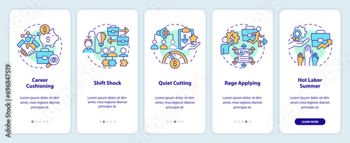 2D icons representing adaptation and career transitions mobile app screen set. Walkthrough 5 steps colorful graphic instructions with thin line icons concept, UI, UX, GUI template. © bsd studio