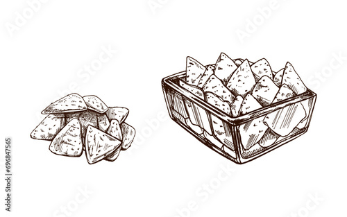 Hand-drawn sketches of nachos in a glass bowl and handful of nachos. Vintage drawing. Vector black ink outline food illustration. Mexican food, cuisine. Illustration for the menu. Latin America.