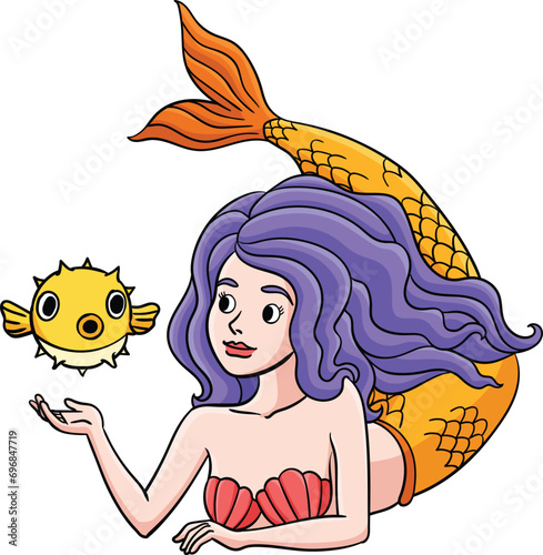 Mermaid and Pufferfish Cartoon Colored Clipart 