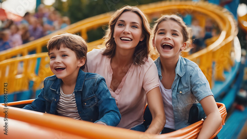 Mother and two kids riding a rollercoaster at an amusement park or state fair.Created with Generative Ai technology
