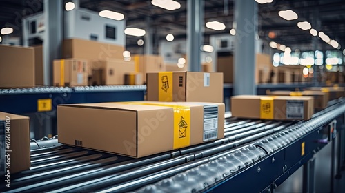 Packages on a conveyor belt in a logistics center. high - quality, 
