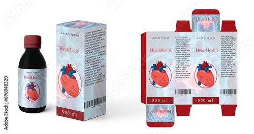 vecter HeartHealth Packagi design branding medical products for treatment of heart  image of cosmetic bottle and box.  Mockup to ads, cover, poster for health and beauty.  