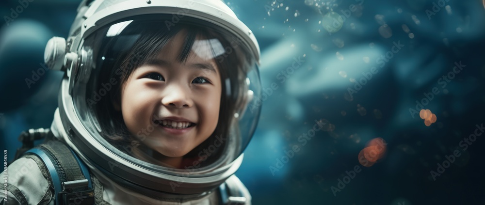 Portrait of a cute asian little girl wearing astronaut costume and smiling in space Portrait of a cute asian little girl wearing astronaut costume and smiling in space