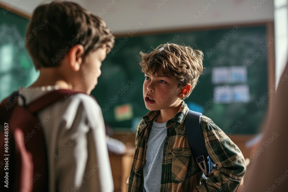 Two boys in a verbal and physical clash in a classroom