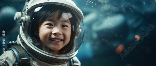 Portrait of a cute asian little girl wearing astronaut costume and smiling in space © Rudsaphon
