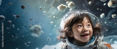 Portrait of a cute asian little girl wearing astronaut costume and smiling in space