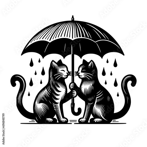 cute cats couple sharing an umbrella in the rain valentines day vector sketch