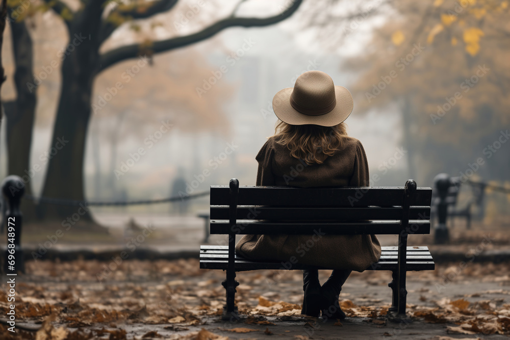 Loneliness epidemic, solo concept. Back view of single young stylish woman in a hat and coat sitting on a bench in an autumn park - obrazy, fototapety, plakaty 