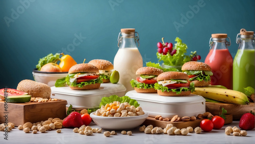 Big, juicy diet burgers on the table surrounded by vegetables, fruits and natural milk in a bottle. The concept of proper nutrition. Organic products. Food for weight loss