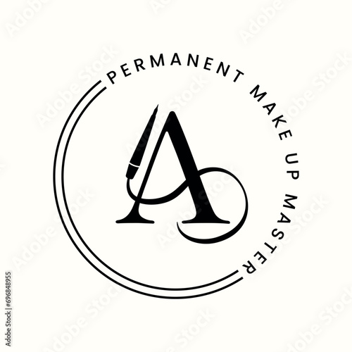 Black White Isolated Creative Logo For Permanent Makeup Artist Or Beauty Studio, Letter A, Minimalist Style, Round Version. A machine for permanent makeup, a tattoo pen. Vector illustration EPS10