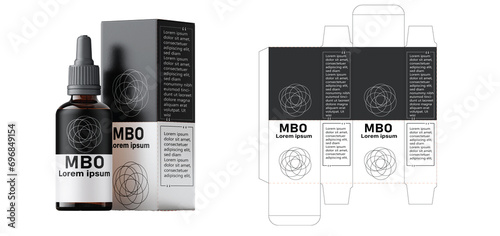 MBO Packaging box design template layout with Box die line,  icon, frames and Design Illustration, Vector design Template image of cosmetic bottle and box. photo