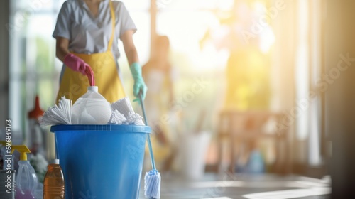 cleaning lady is standing with a bucket ,cleaning products  photo