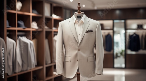 Boutique shop concept, luxurious suits,A finely tailored suit jacket takes pride of place,  photo