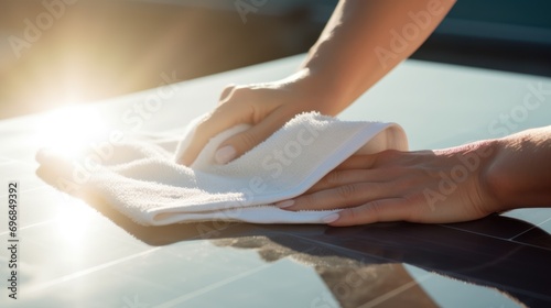 A woman's hands use a towel to wipe dirty and solar panels 