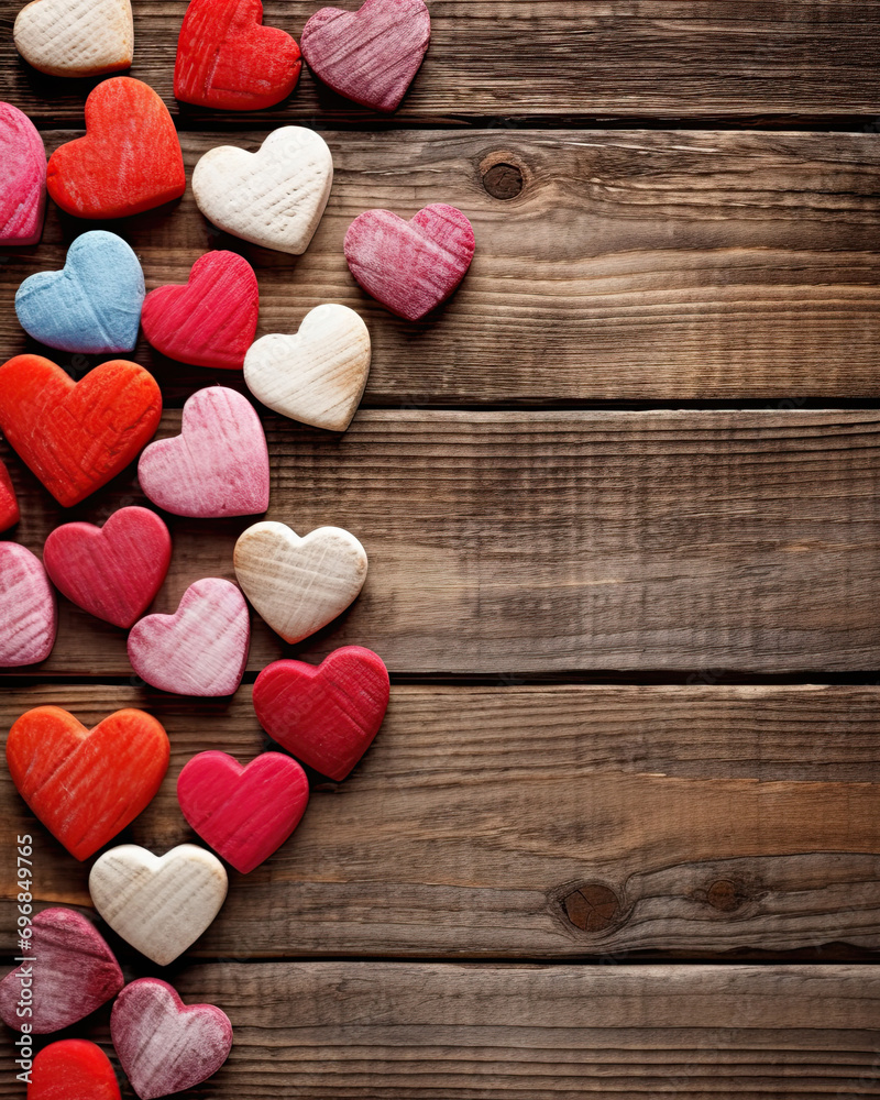 Colorful hearts on wooden background with blank, empty space for text, or logo design. Happy Valentine's day. Generative Ai Colorful hearts on wooden background with blank, empty space for text, or logo design. Happy Valentine's day. Generative Ai