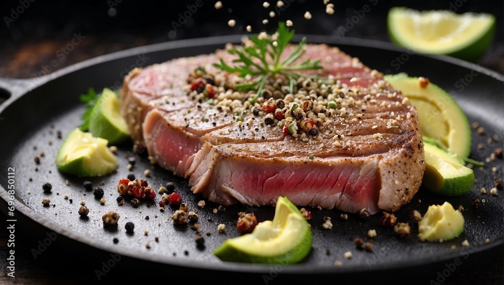 Juicy fried tuna steak with avocado, black pepper, sesame seeds and lime in a frying pan. Wooden kitchen. A delicious dinner of fish and vegetables. Nutritious food.