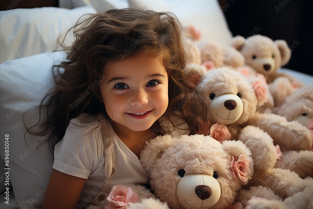 Adorable Baby Smiling on a White Bed Surrounded by Plush Toys in a Brightly Lit Room Adorable Baby Smiling on a White Bed Surrounded by Plush Toys in a Brightly Lit Room