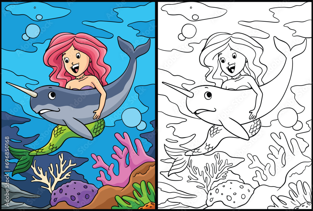 Mermaid and Hugging Narwhal Coloring Illustration