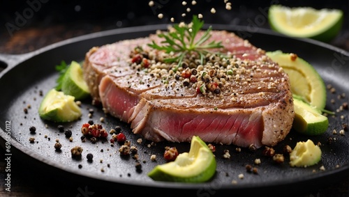 Juicy fried tuna steak with avocado, black pepper, sesame seeds and lime in a frying pan. Wooden kitchen. A delicious dinner of fish and vegetables. Nutritious food.