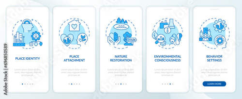 2D icons representing environmental psychology concepts mobile app screen set. Walkthrough 5 steps blue graphic instructions with line icons concept, UI, UX, GUI template.