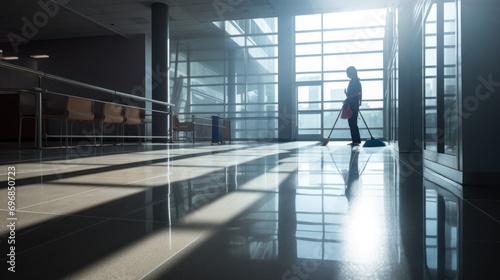 silhouette woman mopping floor in hallway  photo