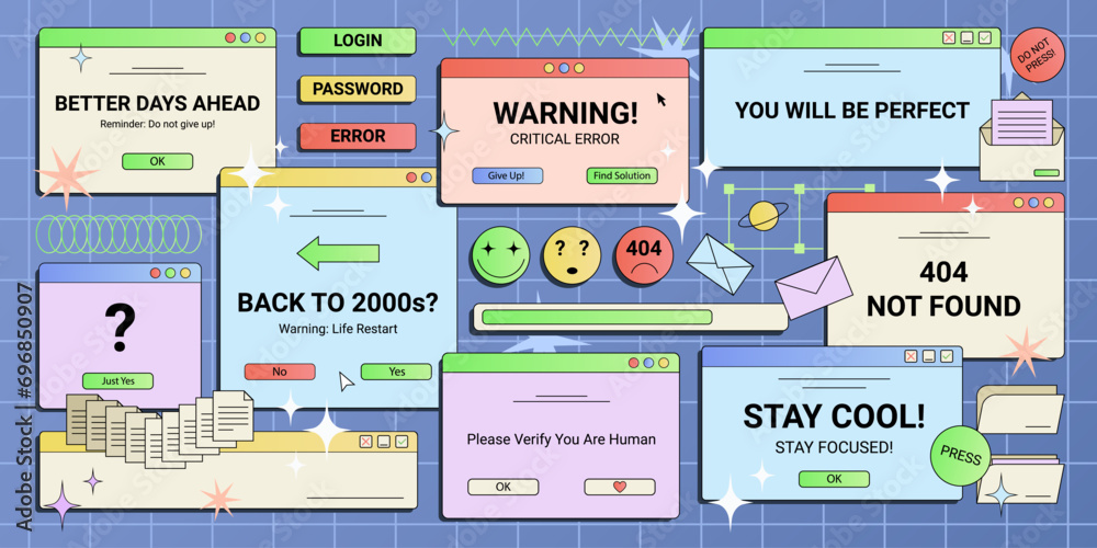 Y2K pc screens, windows, retro technology dialog messages, warnings, templates, signs and symbols. Vector illustration.