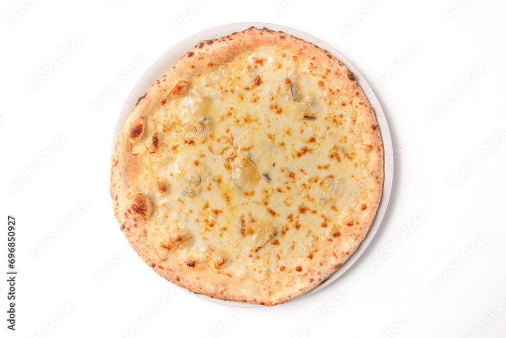 Italian pizza 4 formaggi, with four cheeses, mozzarella, scamorza, stringy cheese and gorgonzola from above on a white background Italian pizza 4 formaggi, with four cheeses, mozzarella, scamorza, stringy cheese and gorgonzola from above on a white background