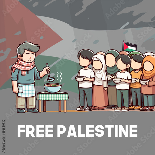 A male volunteer gives food to Palestinian refugee children who are starving and queuing at the refugee camp free Palestine flag Keffiyeh poster