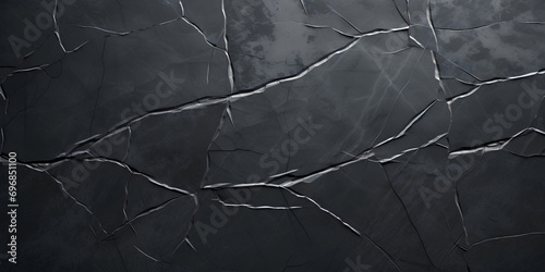 Black grunge banner. Abstract stone wall texture background. Close-up shot with gray veins. Dark rock backdrop with copy space for designs