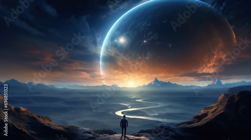 Far from earth, with man looking at planet earth from far away photo