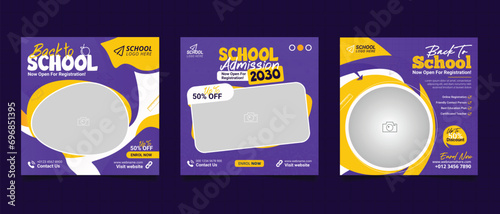 School admission social media post banner, educational social media post square flyer back to school web banner design template.	