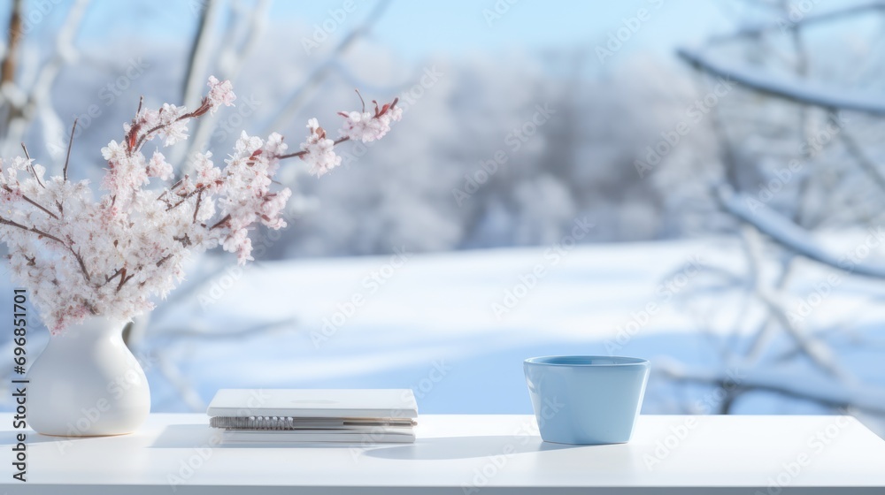 winter background,Desk of free space cover of snow and winter time. 