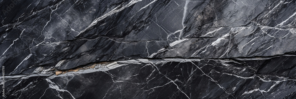 Obraz premium Panoramic dark stone black-white granite texture. Close-up rock banner ad design. Grunge abstract background with copy space