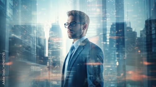  Business Person on modern city background. 