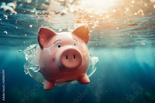 Piggy bank drowning in water. Concept for recession