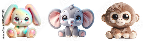 Assorted Cute Plush Animal Toys - Rabbit, Elephant, Monkey on Transparent Background