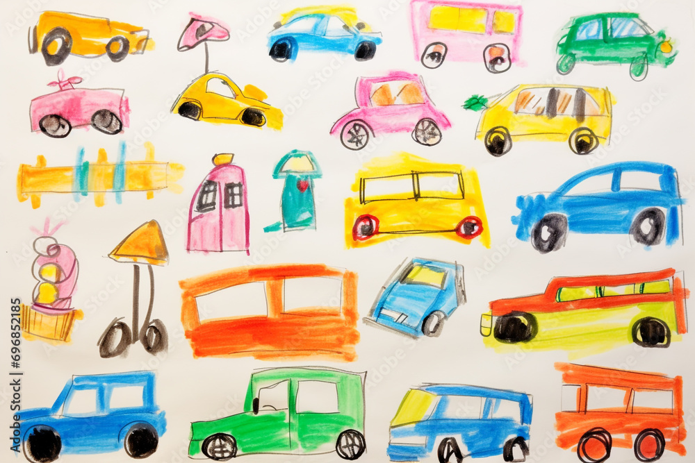 Naklejka premium Drawing pictures of cars by kids