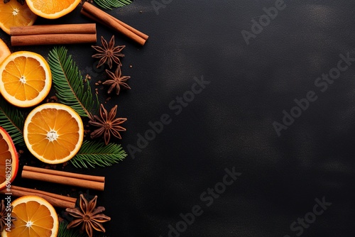 festive celebration holiday greeting card - Ornaments (orange slices, cinnamon sticks, star anise, branches, cones) on black table background, top view flat lay © Boraryn
