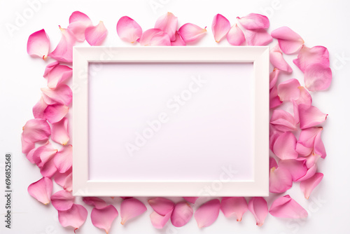 Empty picture frame surrounded by pink rose flower petals on white background © Firn