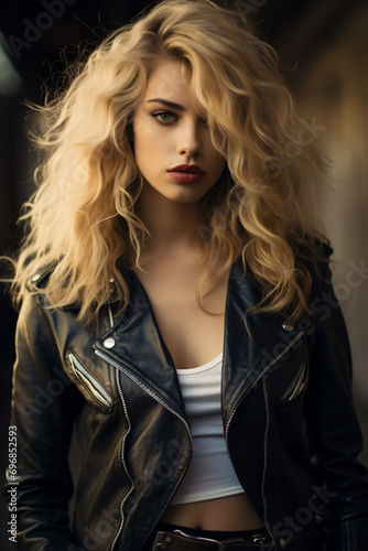 blonde biker girl in leather jacket