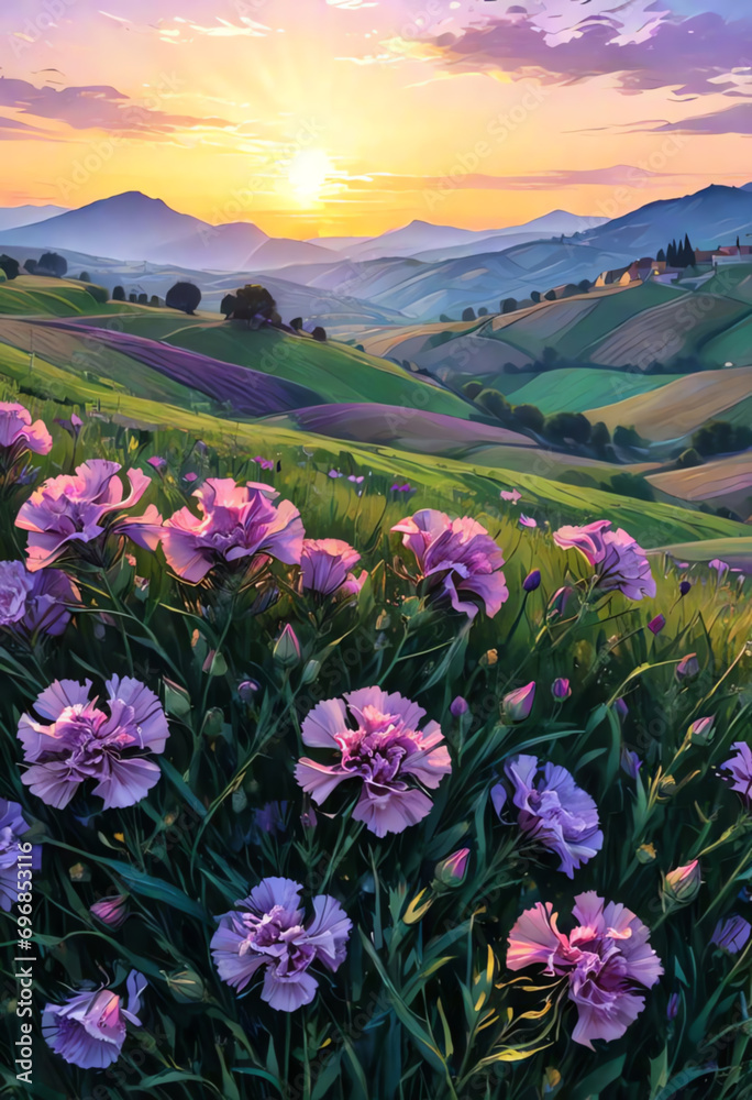 purple Carnation flower meadow in hill landscape ai generated