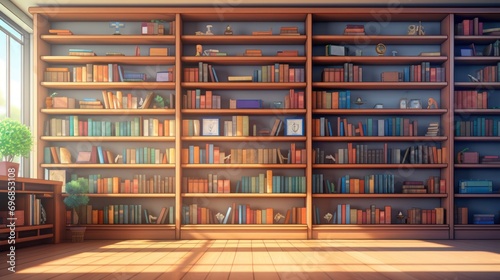  Many different books ,library with bookcases. 