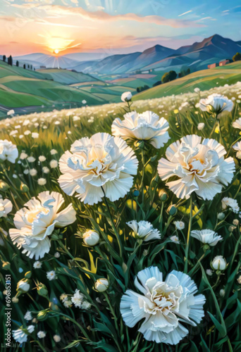 white Carnation flower meadow in hilly landscape ai generated