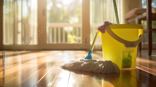 Mop and bucket on a wooden floor in sunny living room.