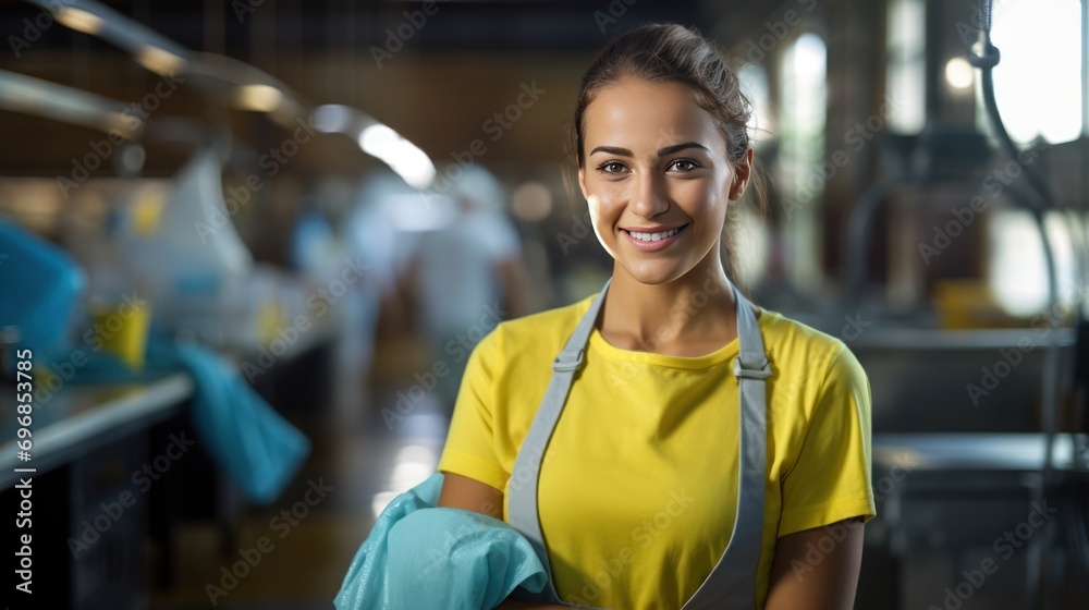 Naklejka premium Portrait of a beautiful female cleaning lady Smiling at the camera