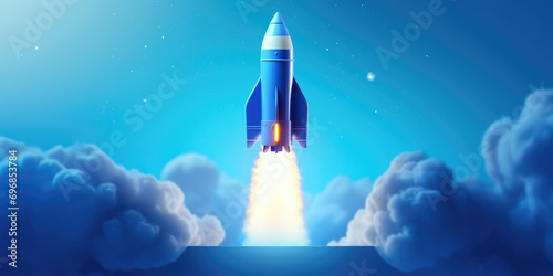 Electric blue banner with a rocket on the side with space for copy space.