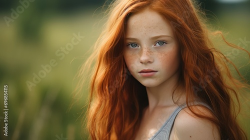 Red haired girl with freckles posing natural background,Red hair close-up 