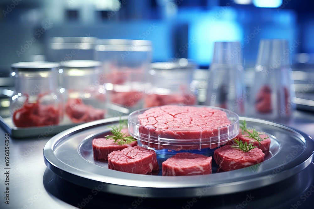 Scientist inspecting meat at laboratory, laboratory setting presents nurturing lab-grown meat, food solutions, meat concept Scientist inspecting meat at laboratory, laboratory setting presents nurturing lab-grown meat, food solutions, meat concept